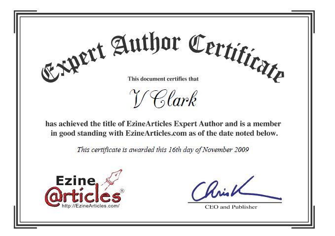Expert Author Certificate from Ezine Articles for Vi Clark 